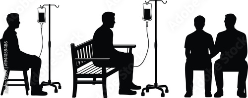 Medical vector illustration of patients receiving intravenous therapy with IV drip, healthcare support, anatomy silhouettes, rehabilitation treatment, hospital consultation scene