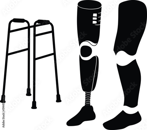 Medical vector illustration of walker and prosthetic legs showing rehabilitation, mobility aid, orthopedic devices,  