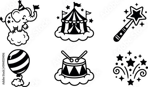 Black and white circus themed icons including elephant on cloud drum balloon star wand tent and fireworks set