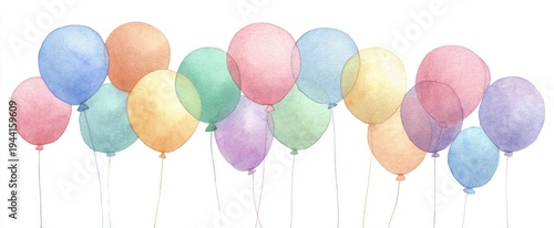 Watercolor painting of numerous colorful balloons floating on strings against a plain white background