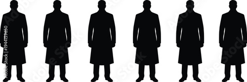 Set of five identical male silhouettes in long coats standing side by side, uniform posture, design symmetry, visual repetition concept