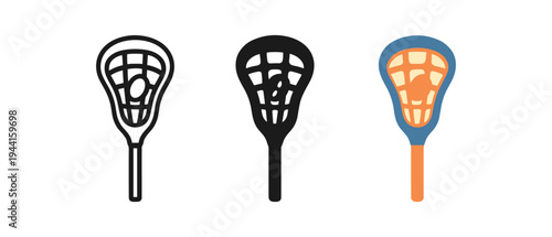 Set of three lacrosse stick designs: outline, silhouette, and colorful icon