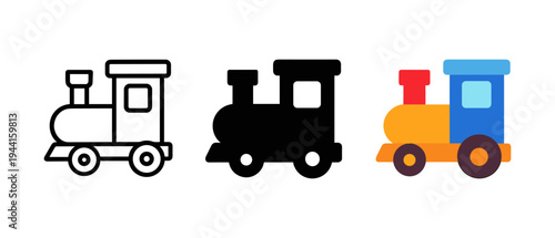 Train icon set featuring outline, silhouette, and colored variations for design projects