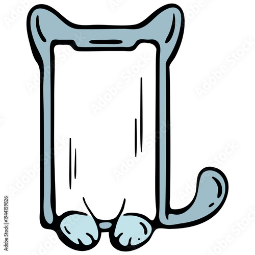 Smartphone addiction metaphor and emotional attachment to phone icon. Cute cat shaped mobile device. Hand drawn doodle style.