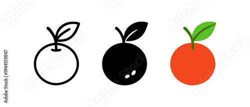Minimalist fruit icons with leafy detailing: outline, solid, and flat designs