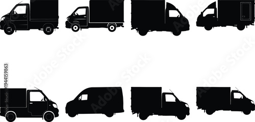 Compilation of eight black silhouette vector graphics of delivery trucks and vans, offering a variety of models and viewpoints for transportation and delivery services.