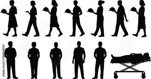 Silhouette illustration of hospitality servers and medical professionals with stretcher, contrasting occupations in modern lifestyle and professional workplace concept