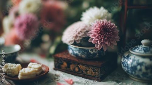 Delicate still life with dahlias in blue and white porcelain bowl and oriental treats