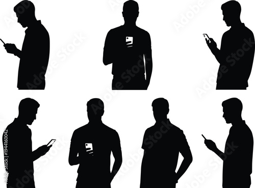 Silhouette illustration of people using smartphones in various postures, modern digital lifestyle concept showing mobile device interaction habits