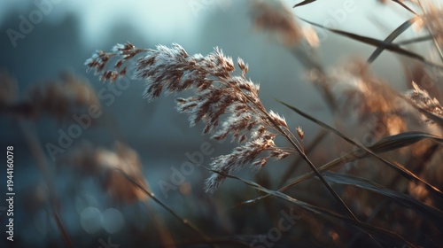 Gentle touch of dawn light on the feathery seed heads of lakeside reeds