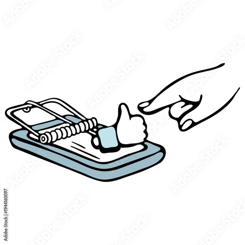 Social media trap and internet addiction icon. Smartphone as a mousetrap with like button bait and reaching hand. Hand drawn doodle style.