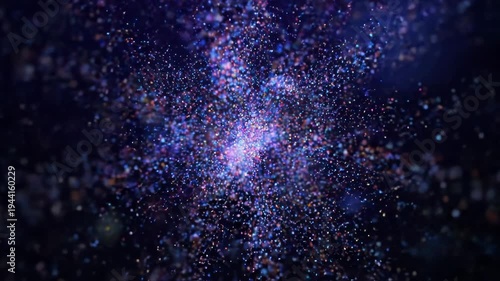 Brilliant colorful sparkling dust explosion expanding outward central bright light source, for celebration, magic, cosmic energy in dark space