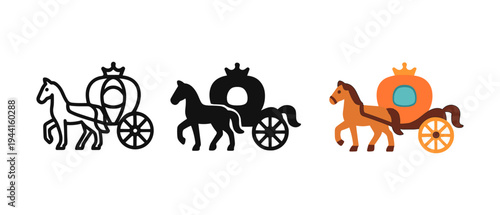 Horse and carriage icons in triple styles: outline, silhouette, and colorful cartoon