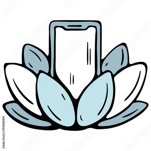 Nature and technology harmony and digital wellbeing icon. Smartphone in lotus flower petals. Hand drawn doodle style.