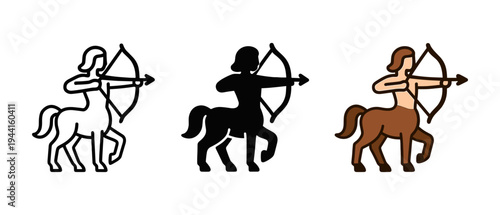 Centaurs aiming arrows: silhouette, linear, and colorful designs in mythical art