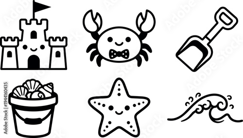 Cute smiling crab with bow tie and happy starfish next to sandcastle bucket shovel and ocean wave vector icons