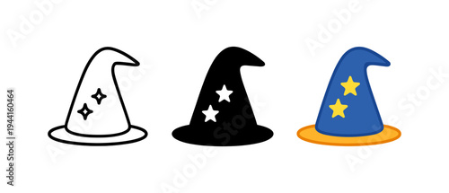 Colorful wizard hats with stars: flat design collection