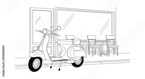 Scooter Outside Cafe Line Art