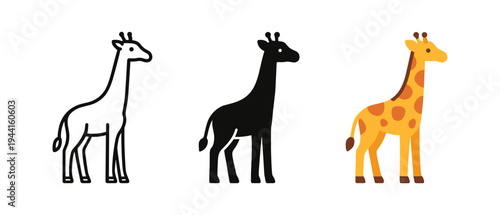 Giraffe silhouette and color variations on white background