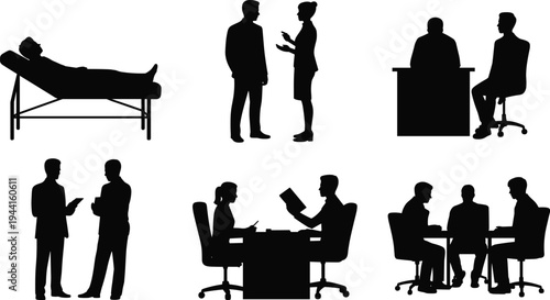 Silhouette professionals in medical and business settings consulting, meeting, and discussing workplace communication, healthcare examination, and collaborative teamwork illustration
