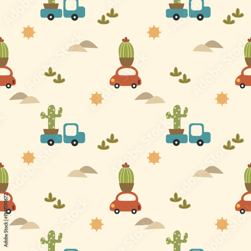 Car and truck cactus cartoon so cute. On sun grass desert background. Pattern seamless vector illustration