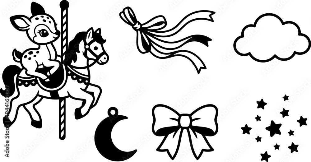 Fototapeta premium Black and white flat design carousel deer riding horse with bow ribbon moon stars and cloud icons set