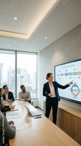 Business Presentation And Corporate Strategy Meeting With Digital Display In Modern Office Conference Room