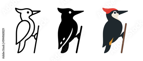 Stylized woodpecker designs: outline, silhouette, and flat color variations