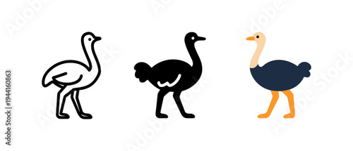 Stylized ostrich icons in minimalist and colored designs