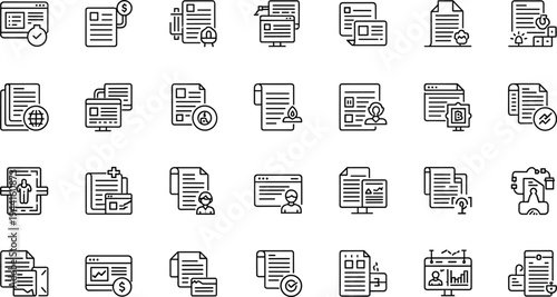 Business documents and digital file management line icon set featuring reports invoices analytics paperwork office workflow and data records
