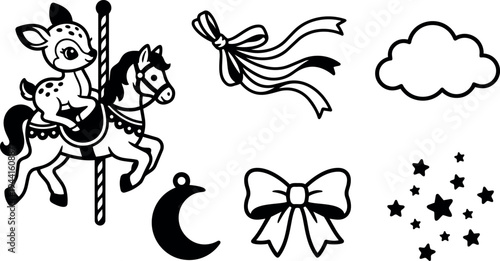 Black and white flat design carousel deer riding horse with bow ribbon moon stars and cloud icons set