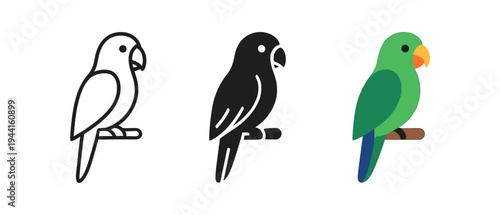 Colorful parrot design variations: outline, silhouette, and vibrant flat art