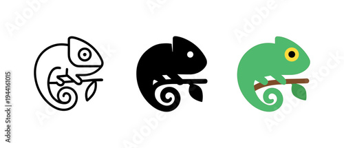 Chameleon design set: outline, solid, and colorful versions on branch