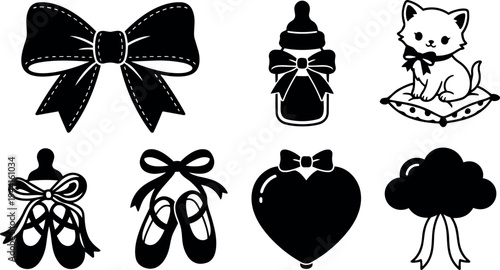 Flat design baby girl themed black bow ribbon baby bottle kitten ballet shoes heart balloon and cloud icons