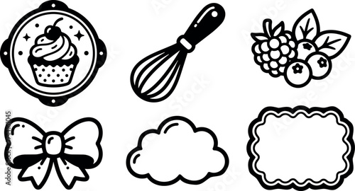Black and white flat design cupcake berry whisk bow cloud label icons set simple hand drawn style