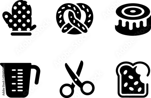 Bakery and kitchen tools icon set with oven mitt, pretzel, cake, measuring cup, scissors and bread, flat vector illustration