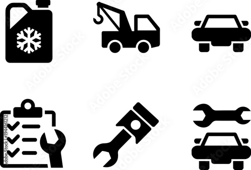 Car repair and vehicle maintenance icon set, auto service symbols with tow truck, wrench, checklist and coolant, flat vector illustration