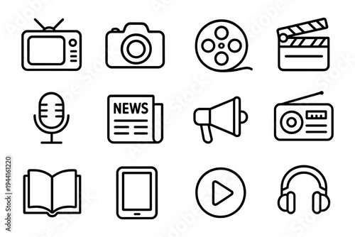 Media and entertainment icons in a modern linear style for digital and print design