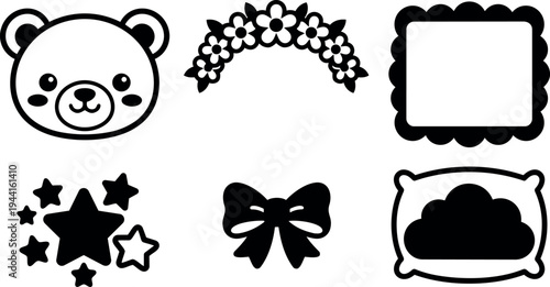 Cute bear face flower wreath scalloped frame star shapes bow and cloud pillow black icon set