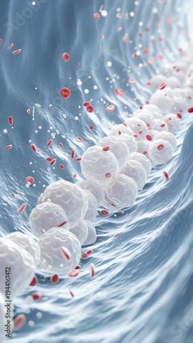 3D illustration of white blood cells and red blood cells flowing through a blood vessel.