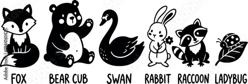 Cute black and white vector art fox bear cub swan rabbit raccoon and ladybug animals sitting and smiling with simple cartoon style