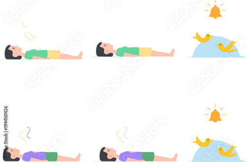 Sleeping person snoring problem illustration set, sleep apnea concept with alarm bell and birds, night breathing disorder, flat vector illustration