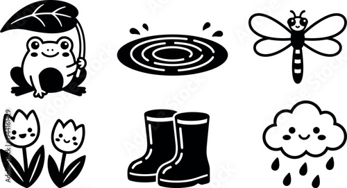Cute black and white vector icons smiling frog holding leaf water puddle dragonfly flowers rubber boots rain cloud illustration set