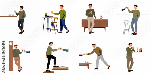 Collection of flat vector illustrations depicting a stylish young man enjoying drinks, toasting, and socializing in various bar and restaurant settings.