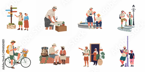 Set of flat style illustrations featuring diverse tourists exploring city streets, using maps for navigation, and asking for directions while on vacation.
