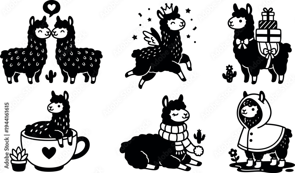 Fototapeta premium Cute whimsical black and white vector llamas in playful poses including kissing sitting in cup flying with wings wearing scarf and carrying gifts