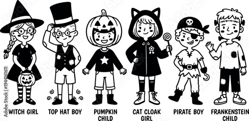 Black and white vector art six children in halloween costumes witch girl top hat boy pumpkin child cat cloak girl pirate boy frankenstein child