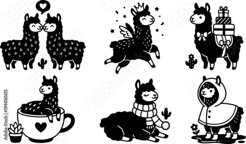 Cute whimsical black and white vector llamas in playful poses including kissing sitting in cup flying with wings wearing scarf and carrying gifts