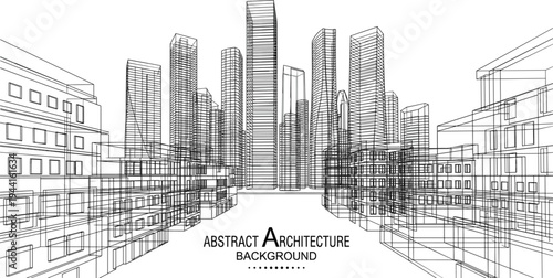 Professional black vector architecture wireframe of wide urban commercial skyline with dense city blocks and metropolitan skyscrapers