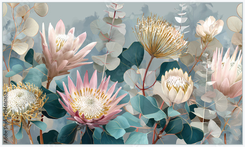 Stylish tropical botanical wallpaper featuring lush leaves and elegant blooming flowers in a modern decorative composition. Ideal for wallpaper design, home interior decoration, digital backgrounds, w